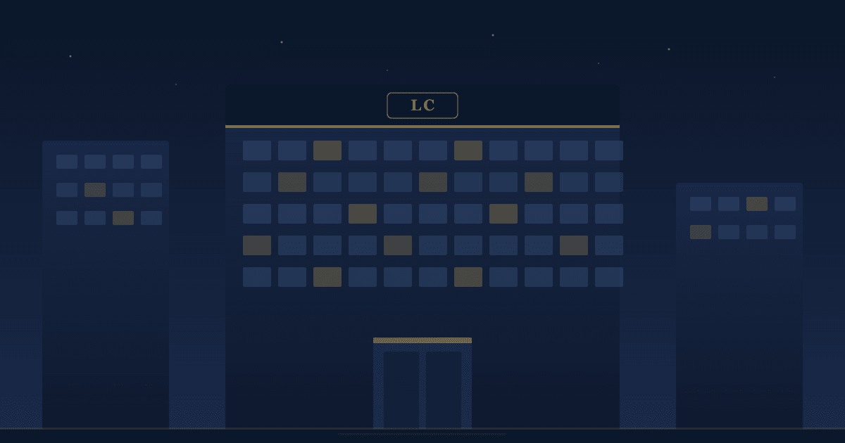 Londway Capital headquarters building in the Financial District with gold-illuminated windows and LC logo